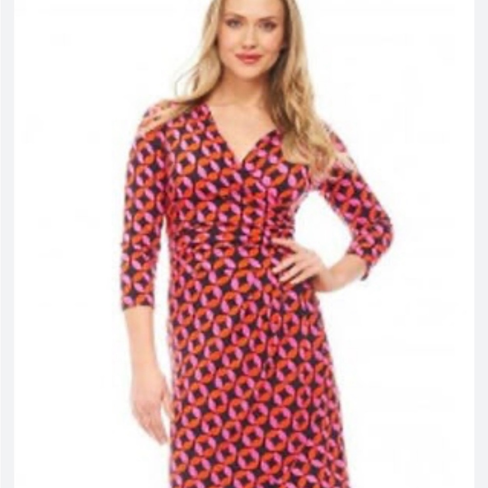 Hatley Pink and Red Geometric faux wrap knit dress size large